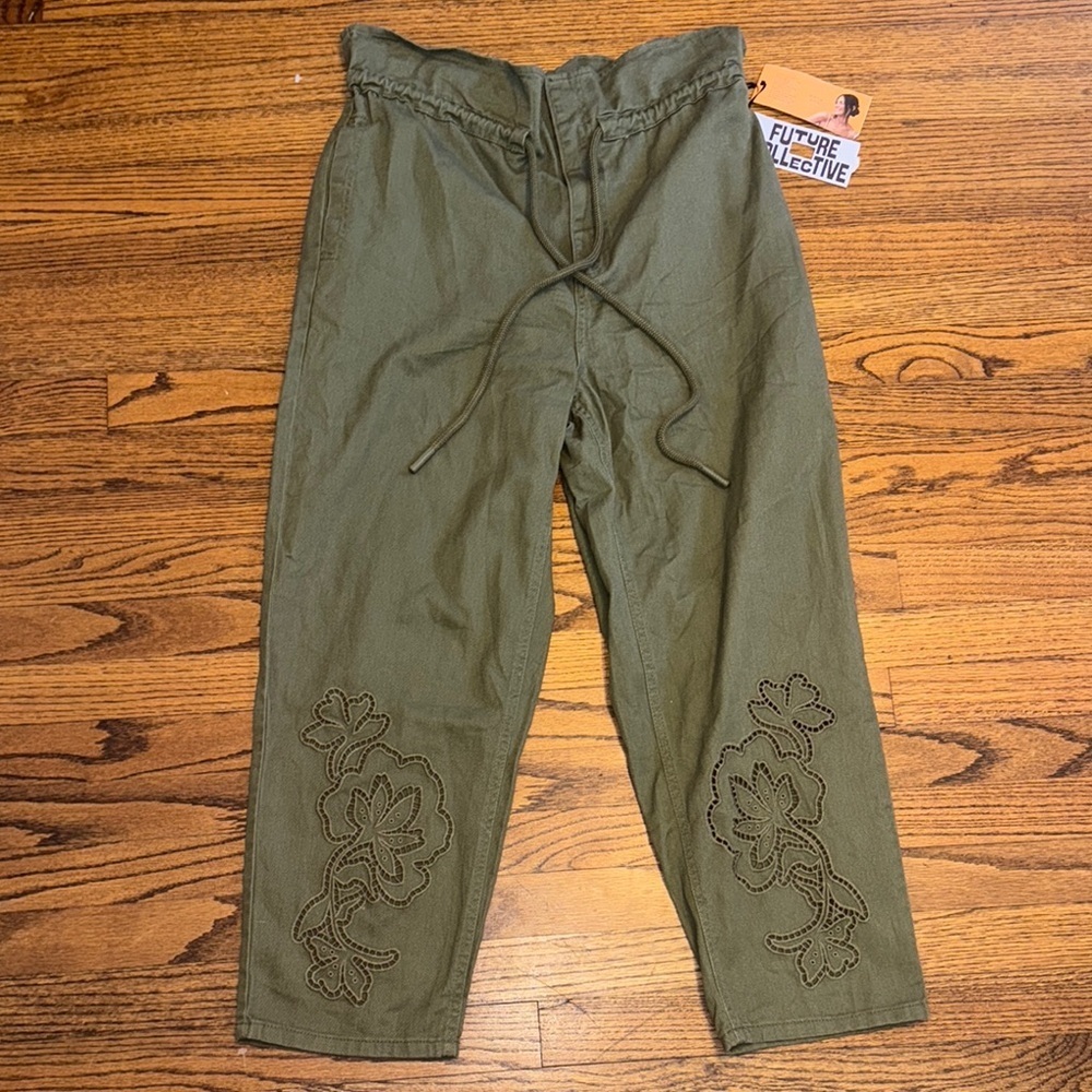 Future Collective NWT Green Straight Leg Embroidered Pants with Drawstring Waist